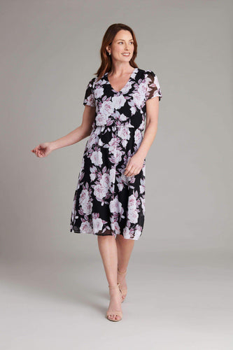 Connected Apparel Abbie Black and Mauve Floral Print Dress