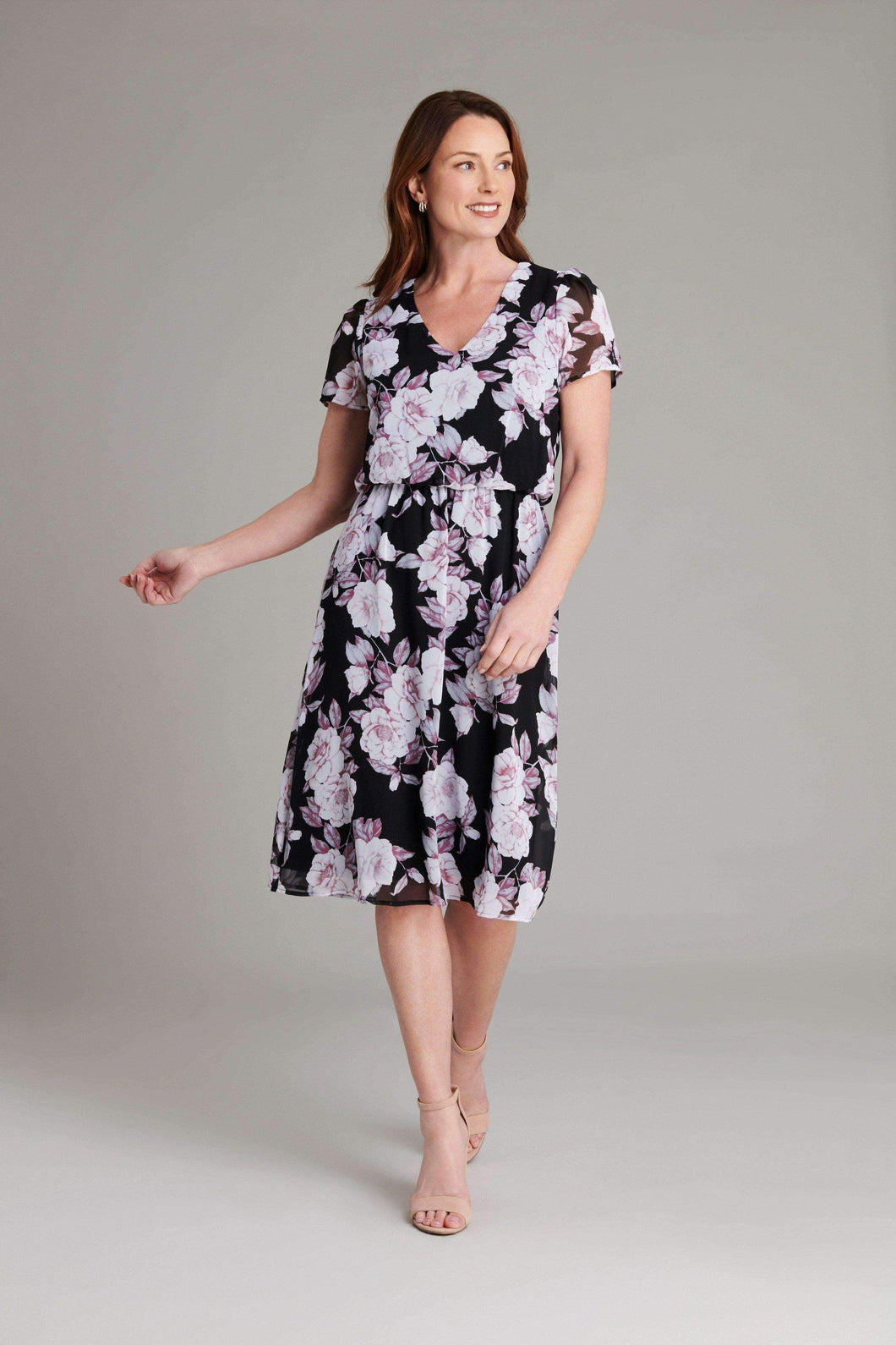 Connected Apparel Abbie Black and Mauve Floral Print Dress