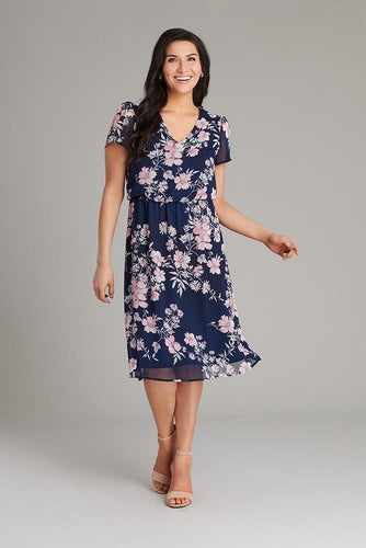 Connected Apparel Abbie Navy and Mauve Floral Print Dress