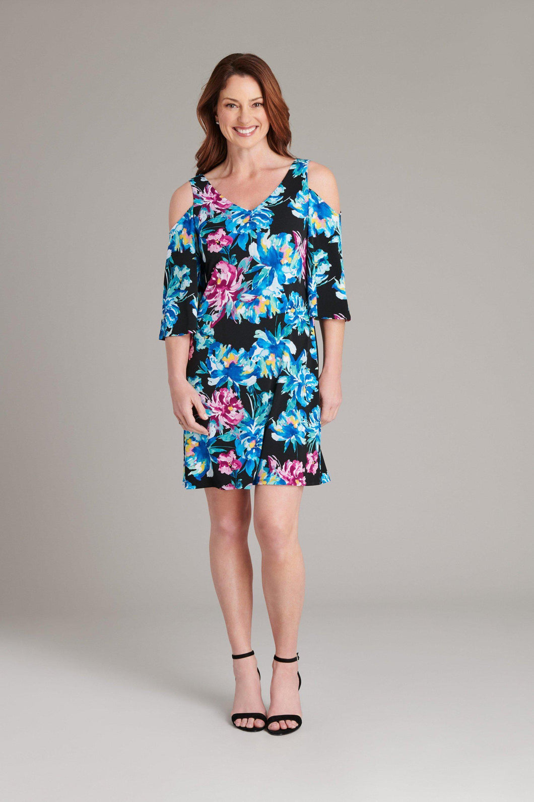 Connected Apparel Ally Cold Shoulder Floral Print Dress